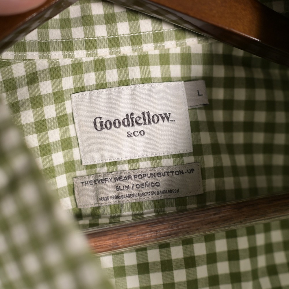 Goodfellow & Co Mens Green Gingham Slim Fit Every Wear Poplin Button Up Shirt L - Picture 4 of 8